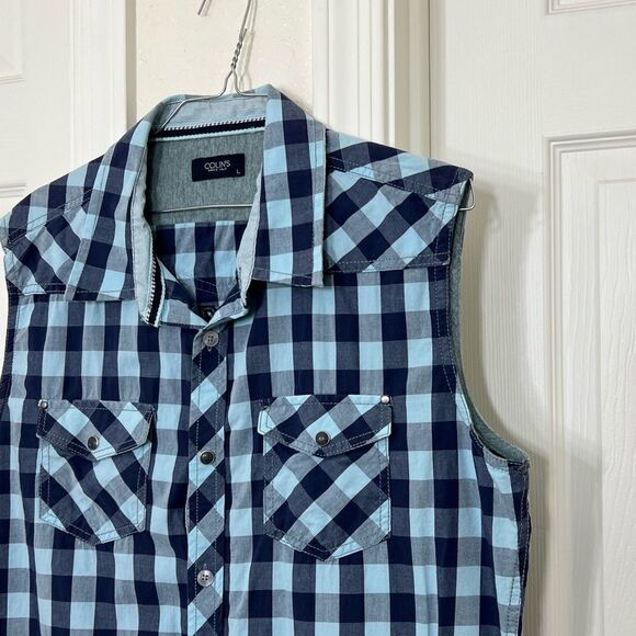 Colin’s Mens Sleeveless Button Down Blue Checkered Plaid Shirt Surfing Bay Large - Picture 4 of 11